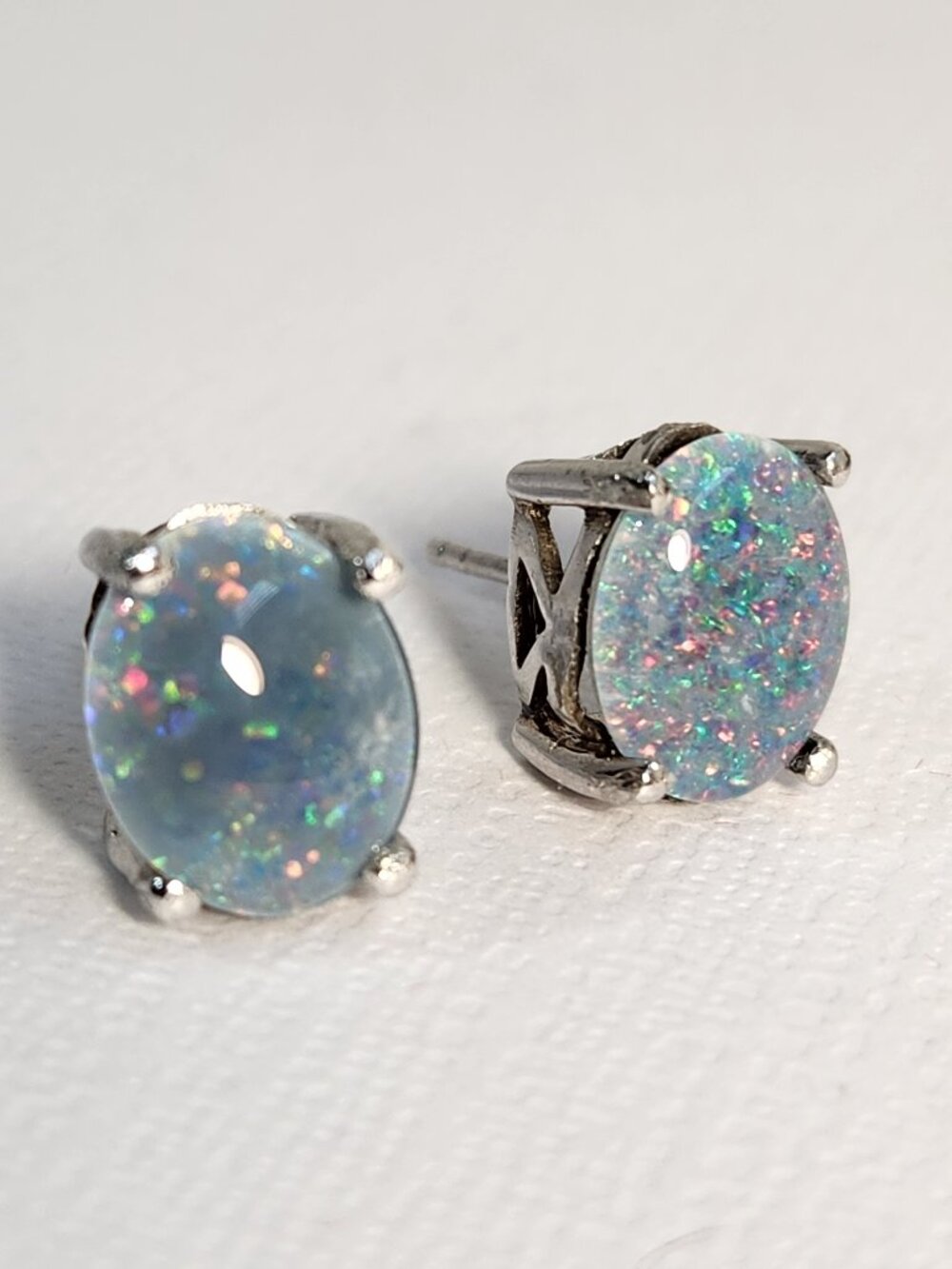 Intergalactic! VTG Large Natural Blue Fire Ridge Opals 925 10x7mm Stud Earrings